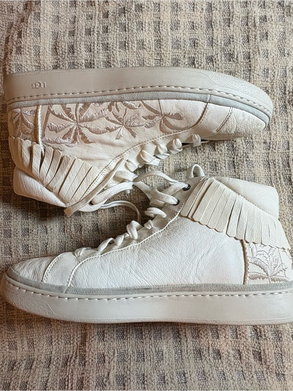 UGG Cream Leather High-Top Sneakers with Fringe